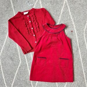 EPK Designed in France Red Corduroy Dress & Matching Ruffle Cardigan Brand New